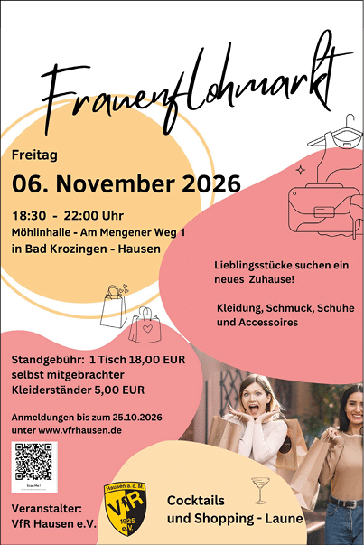 Frauenflohmarkt-Ank ndigung f r einen Markt mit Kleidung, Schmuck, Schuhen und Accessoires am 6. November 2026 in Bad Krozingen-Hausen mit Informationen zu Standgeb hren, Anmeldung und Veranstalter, gestaltet mit farbigen Kreisen, Illustrationen von Taschen und Kleidung sowie Fotos von fr hlichen Personen beim Shoppen. Beschreibung von KI generiert