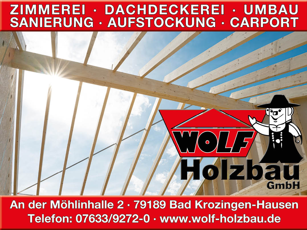 Holzrahmenkonstruktion eines Daches mit blauem Himmel im Hintergrund und einem Werbebanner f r Wolf Holzbau GmbH mit Kontaktdaten und angebotenen Dienstleistungen. Beschreibung von KI generiert