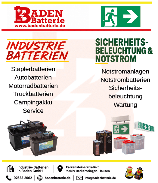Werbung f r Baden Batterie mit Angeboten f r Industriebatterien und Sicherheitsbeleuchtung inklusive Notstrom, dargestellt mit Produktbildern und Kontaktdaten. Beschreibung von KI generiert