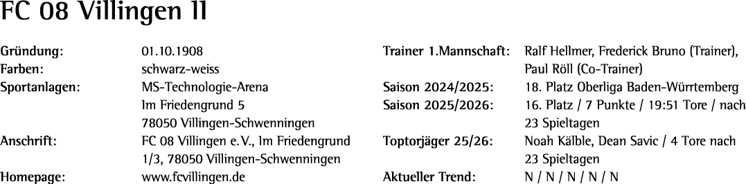 FC 08 Villingen II Gr ndung: 01.10.1908 Farben: schwarz weiss Sportanlagen: MS Technologie Arena Im Friedengrund 5 78...