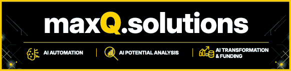 maxQ.solutions pr sentiert Dienstleistungen in den Bereichen KI-Automatisierung, KI-Potenzialanalyse sowie KI-Transformation und Finanzierung in einem modernen, technologisch gestalteten Design. Beschreibung von KI generiert