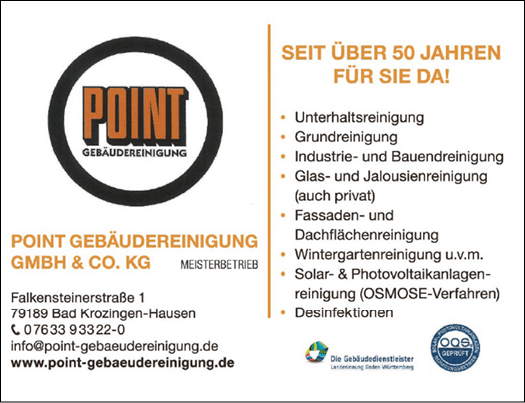 Das Bild zeigt ein Logo und eine Liste von Reinigungsdienstleistungen eines Geb udereinigungsunternehmens mit dem Hinweis, dass es seit ber 50 Jahren t tig ist.  Beschreibung von KI generiert