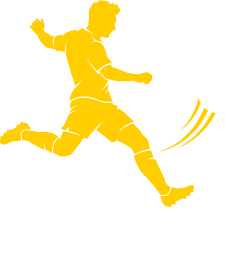 Eine gelbe Silhouette einer Person in Sportkleidung, die gerade einen Fu balltritt ausf hrt. Beschreibung von KI generiert