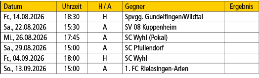 Datum,Uhrzeit,H / A,Gegner,Ergebnis,Fr., 14.08.2026,18:30,H,Spvgg. Gundelfingen/Wildtal,,Sa., 22.08.2026,15:30,A,SV 0...