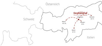 Karte zeigt die Lage von Stephanshof Granpanorama Hotel in S dtirol mit Verbindungen zu den St dten Meran, Bozen, Klausen und Bruneck sowie den angrenzenden L ndern sterreich, Schweiz und Italien.  Beschreibung von KI generiert