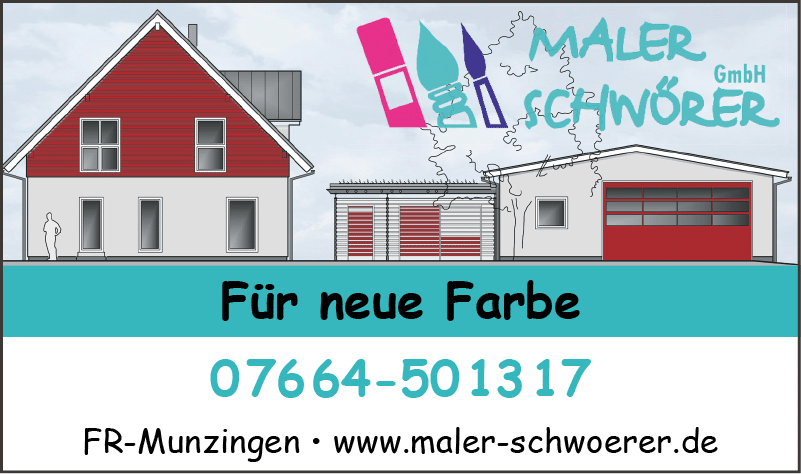 Ein Geb ude mit rotem Dach und mehreren Fenstern steht neben einer Garage mit drei Toren und einem Logo mit Pinsel und Farbrolle sowie dem Schriftzug Maler Schw rer GmbH. Beschreibung von KI generiert
